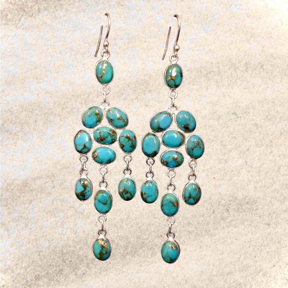 NWT Genuine Turquoise & 925 Sterling Silver Chandelier Dangle Earrings - Picture 2 of 5